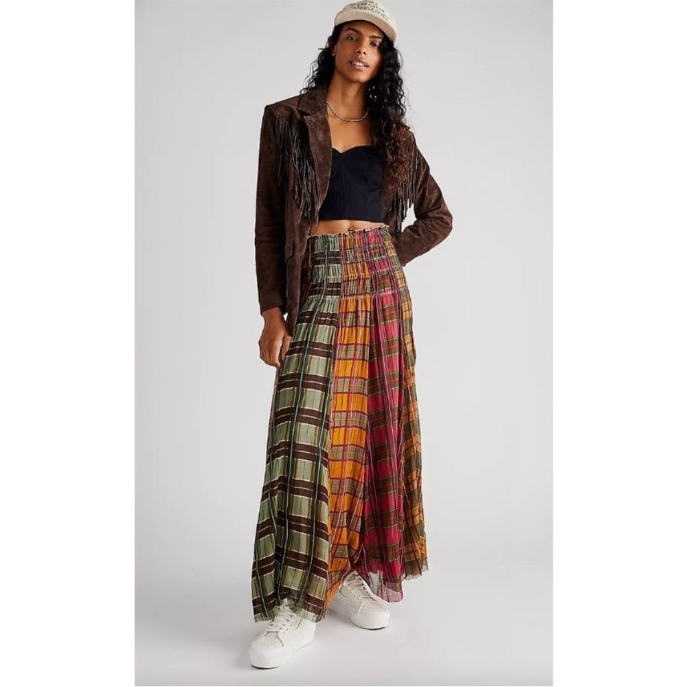 Free People Lausanne Convertible Plaid Maxi Skirt Size XS